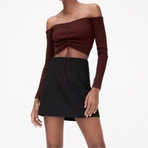 NWT Zara Women’s Medium Brown Rib Knit Off Shoulder Crop Top Sweater M
